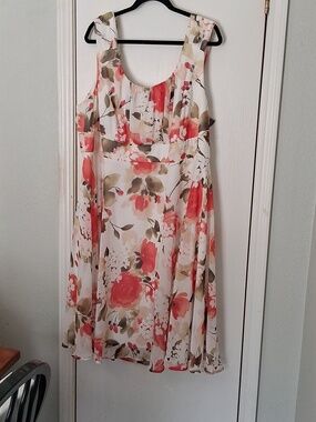 North Style Multicolor Floral Watercolor Design Chiffon Midi Dress Sz 24W